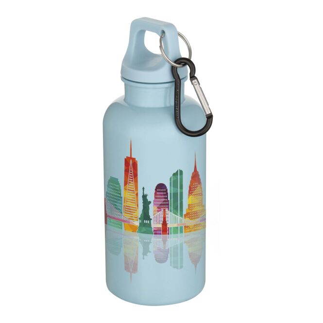 Firmengeschenk Trinkflasche Oregon 400ml – cloud blue – mit 48h Express-Logodruck 100% rPET nachhaltige Mehrwegflasche für CSR