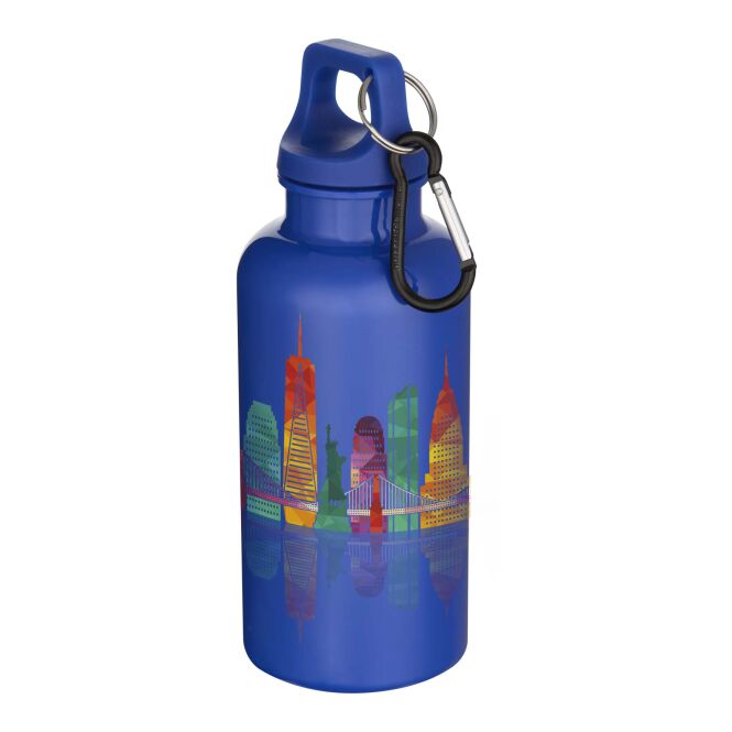 Mitarbeitergeschenk Trinkflasche Oregon – dunkelblau – mit 48h Express-Logodruck 400ml aus 100% rPET, nachhaltige Mehrwegflasche