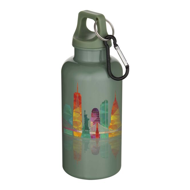 Premium-Werbeartikel Trinkflasche Oregon 400ml – heather grün – 48h Express-Logodruck 100% RCS-rPET klimaneutral nachhaltige Mehrwegflasche