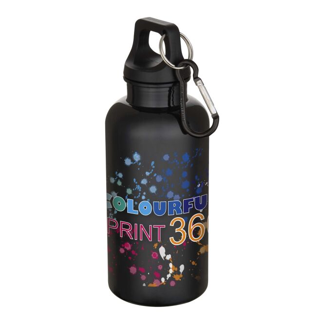Mitarbeitergeschenk Trinkflasche Oregon – schwarz – 48h Express-Logodruck 400ml aus 100% rPET, klimaneutral, nachhaltige Mehrwegflasche