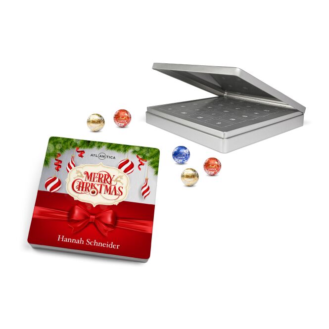 Firmengeschenk Lindt Adventskalender – weihnachten – mit bedrucktem Etikett 24 Lindor Kugeln als Weihnachtsgeschenk für Kunden und Partner