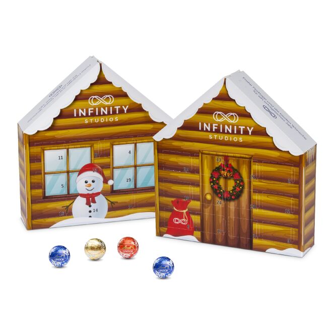 Firmengeschenk Lindt Lindor Adventskalender Haus – weinachten – mit bedrucktem Etikett 24 Lindt Kugeln als Weihnachtsgeschenk für Mitarbeiter