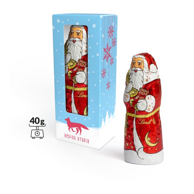 Geschäftspartner-Präsent Lindt Schoko Nikolaus – weihnachtlich – mit bedrucktem Etikett als Weihnachtsgeschenk für Kunden und Partner