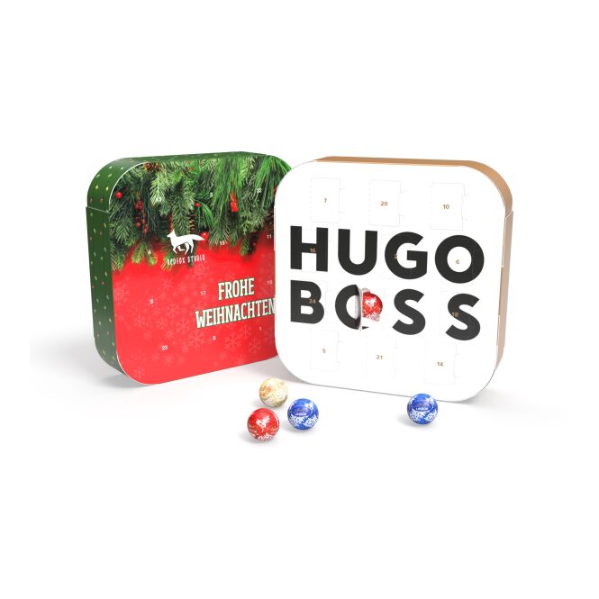 Firmengeschenk Lindt Appventskalender Eco – weihnachts-schokolade – mit individuellem Werbeaufdruck 24 Mini Kugeln als Weihnachtsgeschenk für Mitarbeiter