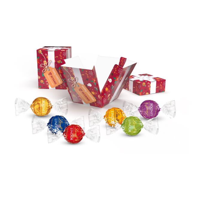 Firmengeschenk Lindt Lindor Weihnachtsüberraschung – weihnachtlich – mit bedrucktem Etikett 8 Kugeln als Weihnachtsgeschenk für Kunden und Partner