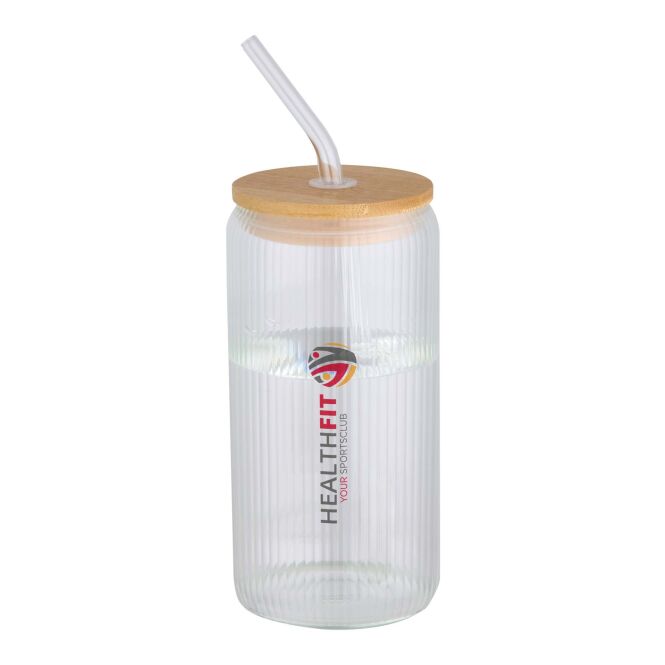 Kundengeschenk Mirage Trinkglas – transparent – mit 48h Express-Logodruck 650 ml Borosilikatglas mit Bambusdeckel nachhaltig für das Onboarding