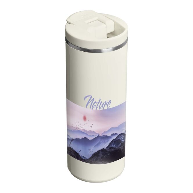 Firmengeschenk Thermobecher Stanley Transit Fliptop – creme – mit 48h Express-Druck 350 ml für das Mitarbeiter-Onboarding