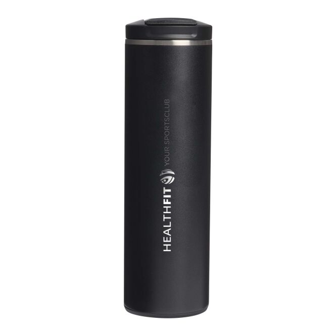 Firmengeschenk Thermobecher Stanley Transit Fliptop – schwarz – mit 48h Express-Druck 470 ml auslaufsicher für das Mitarbeiter-Onboarding