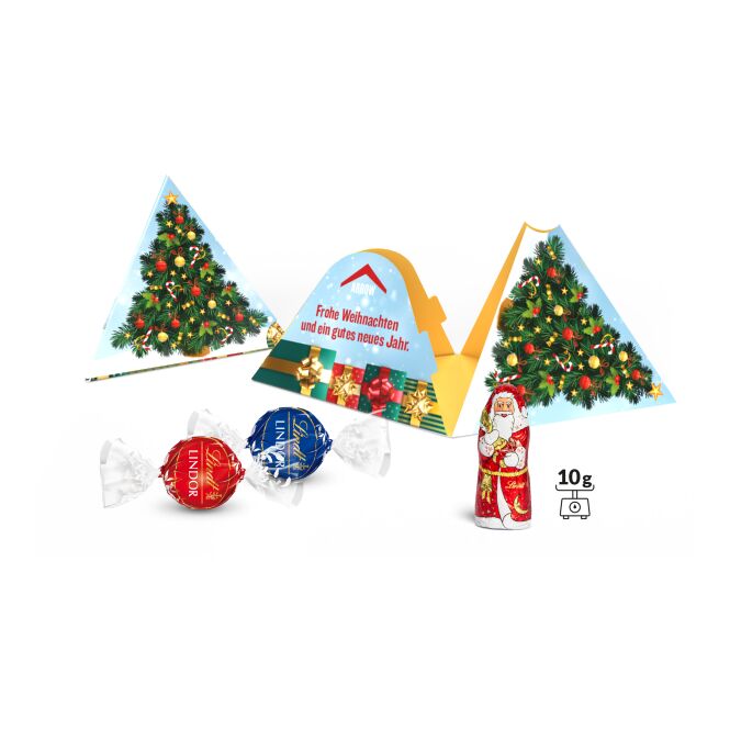 Firmengeschenk Lindt Xmas Pyramide – weihnachtlich – mit bedrucktem Etikett 2 Lindt Kugeln u. Nikolaus als Weihnachtsgeschenk für Mitarbeiter