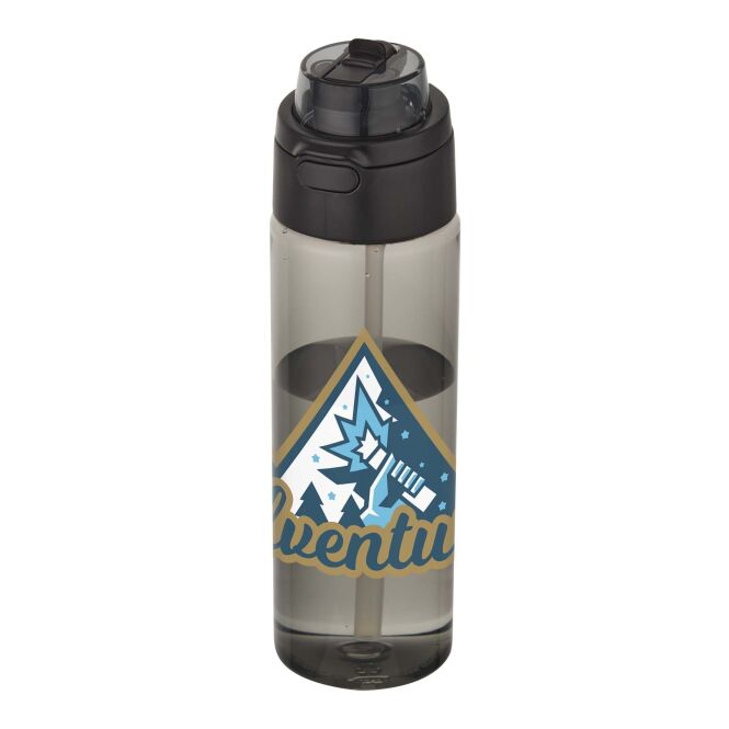Werbeartikel Theron Trinkflasche – schwarz – mit 48h Express-Druck 700 ml nachhaltig aus rPET auslaufsicher für Sportevents & Turniere