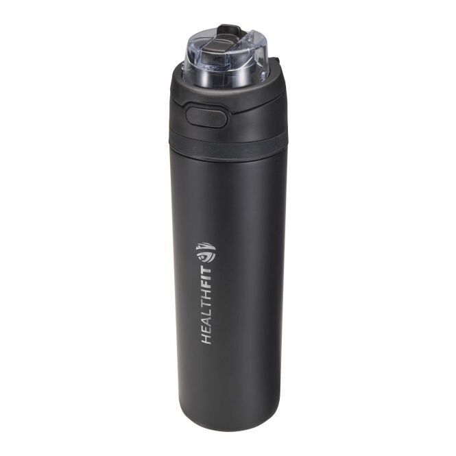 Firmengeschenk Theron Edelstahlflasche – schwarz – mit 48h Express-Druck 800 ml nachhaltig auslaufsicher für Outdoor-Events
