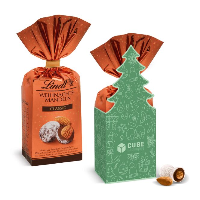 Firmengeschenk Lindt Weihnachtsmandeln – in tannenbaum-kartonage – mit individuellem Werbeaufdruck als Weihnachtsgeschenk für Kunden und Partner