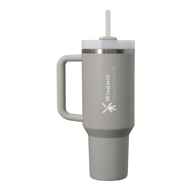Firmengeschenk Thermobecher Stanley Quencher® H2.0 FlowState™ – grau – im 48h Express-Druck 890 ml nachhaltiger Werbeartikel für das Büro