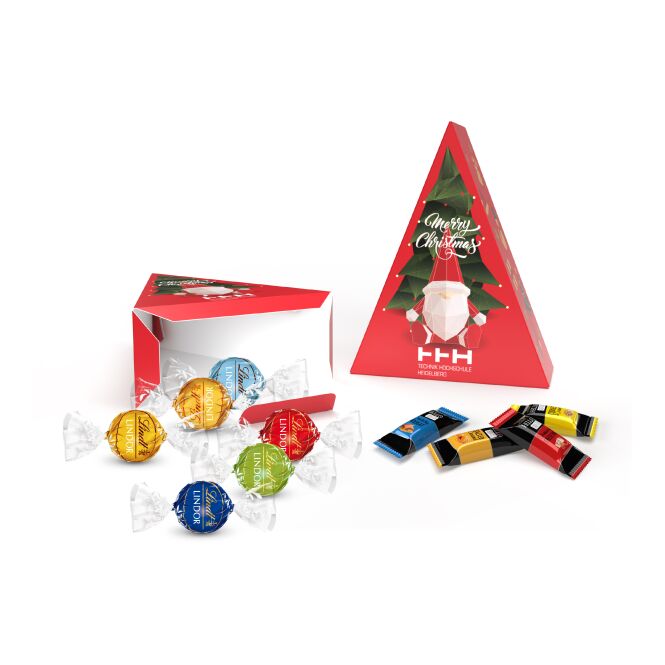 Firmengeschenk Lindt Weihnachtsbaum – mit weihnachtlicher note – mit bedrucktem Etikett 6 Kugeln als Weihnachtsgeschenk für Kunden und Partner