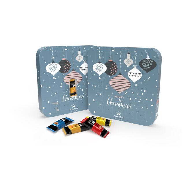 Firmengeschenk Appventskalender Maxi Eco – adventszeit – mit bedrucktem Etikett als Weihnachtsgeschenk für Kunden und Partner