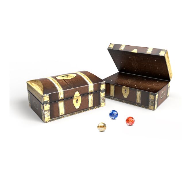 Firmengeschenk Lindt Adventskalender Schatztruhe Eco – weihnachtlich – mit individuellem Werbeaufdruck für Mitarbeiter als Weihnachtsgeschenk