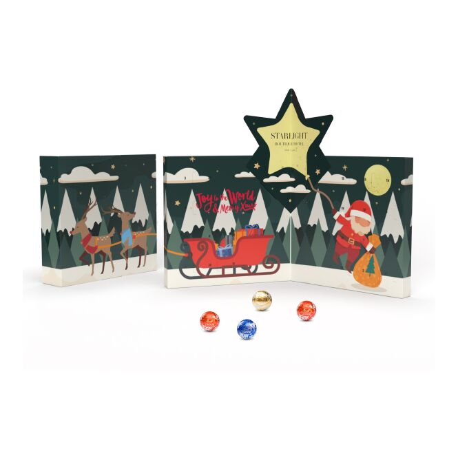 Firmengeschenk Lindt Adventskalender Buch Pop-Up Eco – weihnachtlich – mit individueller Banderole 24 Lindor Kugeln als Weihnachtsgeschenk