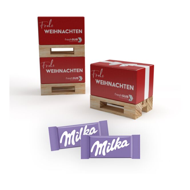 Firmengeschenk Mini-Palette – holzfarben – mit Logo bedruckt, originelle Geschenkbox für Transportbranche, ideal für Messen