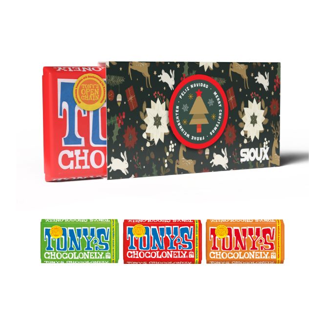 Kundengeschenk Schokolade Tony's Chocolonely – bunt – individuell bedruckbar 90g Tafel mit Werbeschuber für faire Firmenpräsente