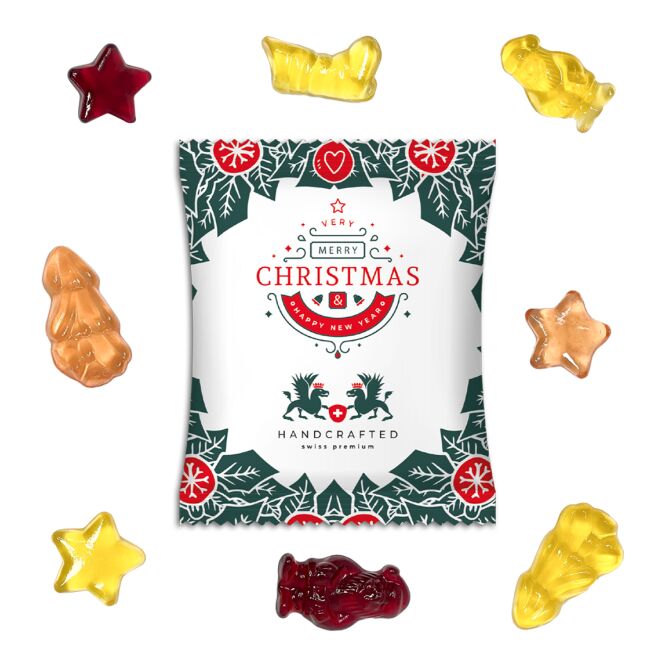 Firmengeschenk Fruchtgummi Vegan Weihnachtsedition – weihnachtsmischung – mit bedrucktem Etikett 100g als Weihnachtsgeschenk für Kunden und Partner