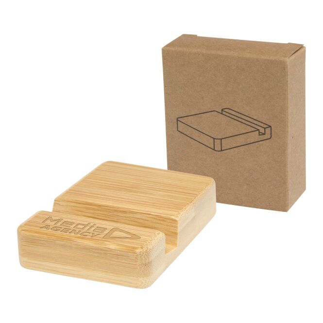 Firmengeschenk Smartphonehalter Ebla – holz – lasergraviert 48h Express-Gravur nachhaltige Bambus-Halterung für das Homeoffice