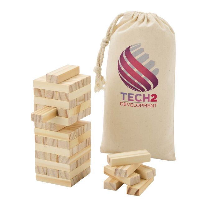 Werbeartikel Holzturm Stapelspiel Jumble – natur – mit Logo bedruckt 48h Express-Druck für Teamevents im Baumwollbeutel