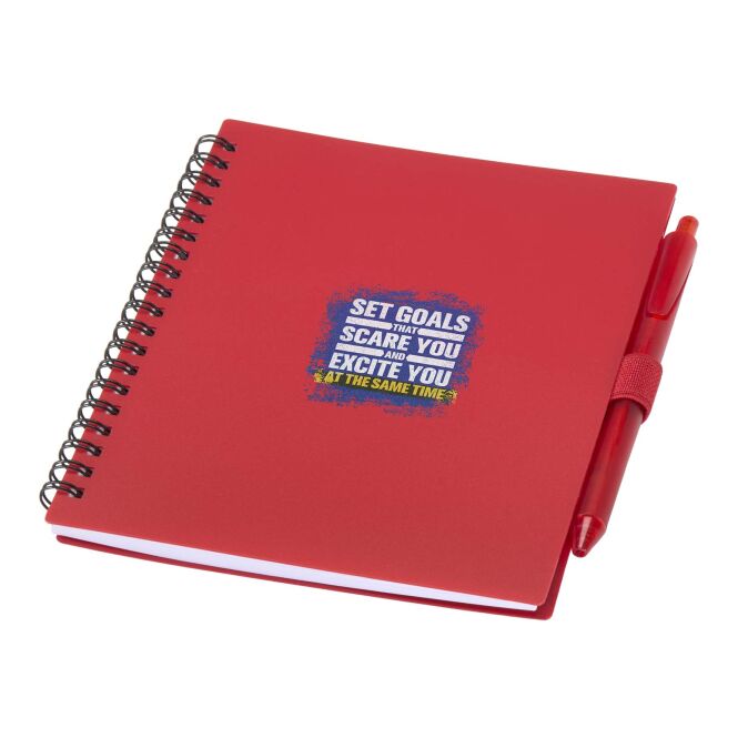 Mitarbeitergeschenk Notizbuch Niove – rot – mit 48h Express-Werbedruck aus 100% recyceltem Kunststoff 140x178mm nachhaltiges Journal