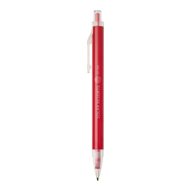 Firmengeschenk Spectrum Kugelschreiber aus recyceltem Aluminium – rot – mit Logo bedruckt 48h Express-Druck blau schreibend Druckkugelschreiber