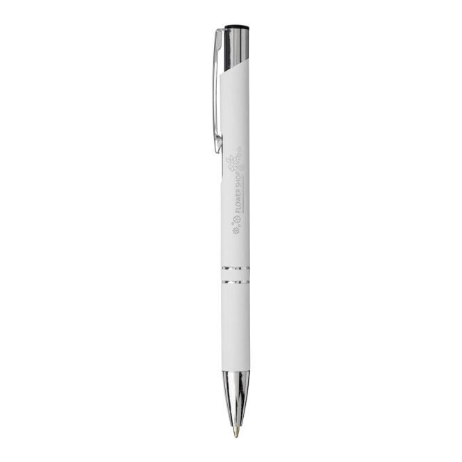 Kundengeschenk Moneta Soft Touch Druckkugelschreiber – weiss – mit Gravur 48h Express-Gravur schwarz schreibend für den Büroalltag