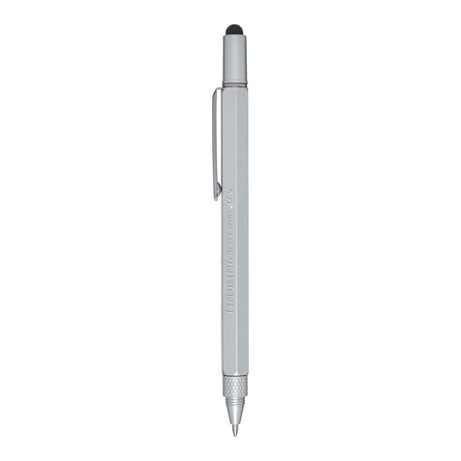 Firmengeschenk Multifunktionsstift Dora aus recyceltem Aluminium – silber – mit Logo bedruckt 48h Express-Druck schwarz schreibend für Büroalltag