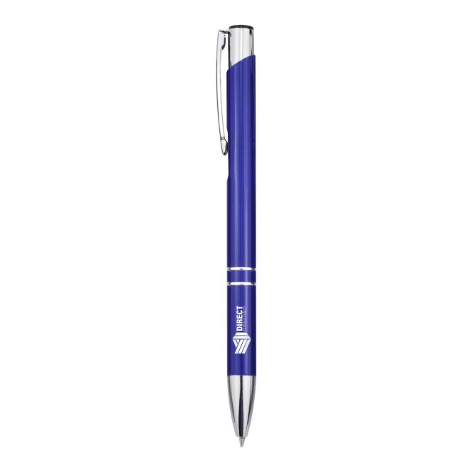 Firmengeschenk Kugelschreiber Moneta aus recyceltem Aluminium – royalblau – mit Gravur 48h Express-Gravur blau schreibend für Büroalltag