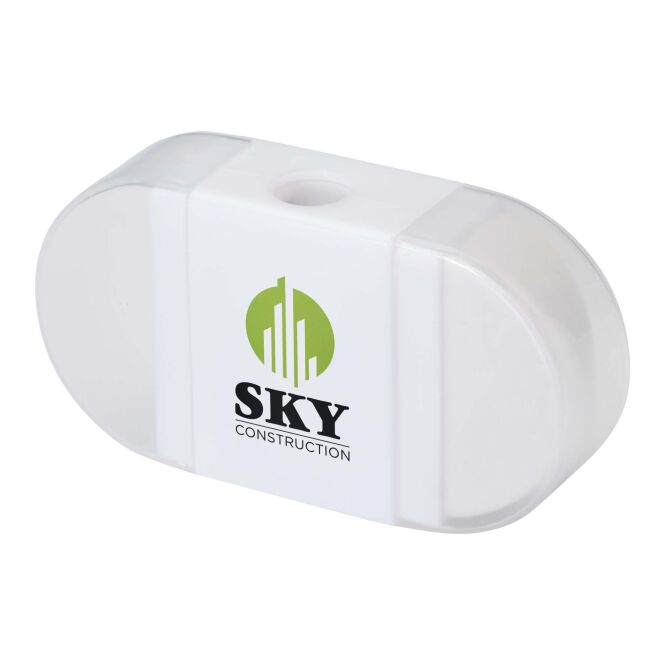 Werbeartikel Velvi Anspitzer mit Radiergummi – weiss – mit Logo bedruckt 48h Express-Druck 6,2x3,3x1,6 cm für Messe-Giveaways