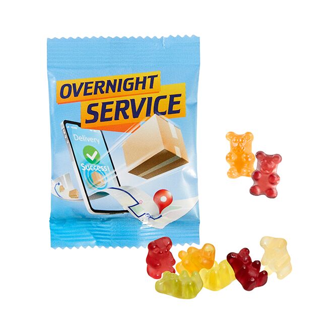 Werbeartikel Premium-Bärchen mit 10 % Fruchtgehalt – bunt gemischt – mit individuellem Werbeaufdruck als Give-away für Kunden auf Messen