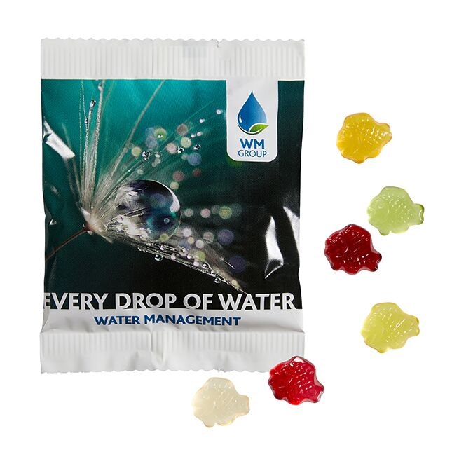 Streuartikel Bären Company Fruchtgummi – bunt gemischt – mit individuellem Etikett 20 g als ideales Werbegeschenk für Kunden auf Messen