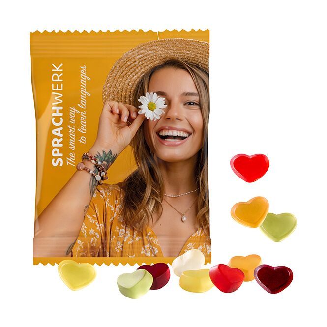 Streuartikel Bären Company VEGANE Fruchtgummi – bunt gemischt – mit individuell bedrucktem Tütchen 20 g als Werbemittel für Messen und Events