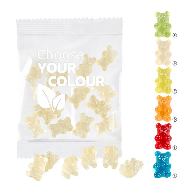 Werbeartikel Premium-Bärchen Gummibärchen – yellow – mit Logo bedruckt 20 g als Giveaway für Messen und Veranstaltungen von Kunden