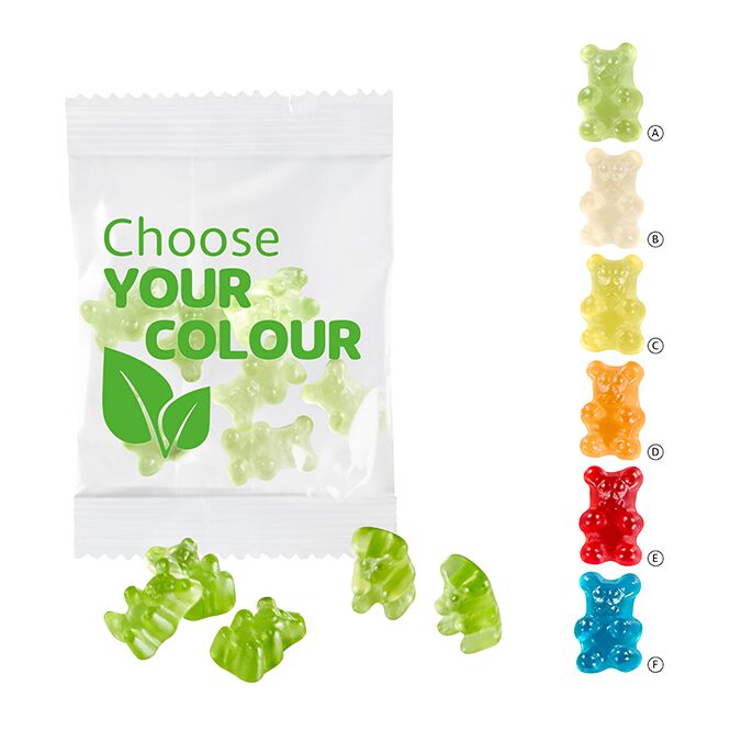 Streuartikel Premium-Bärchen Gummibärchen – green – mit Logo bedruckt 10 g für den Einsatz als Werbemittel auf Messen und Firmen-Events
