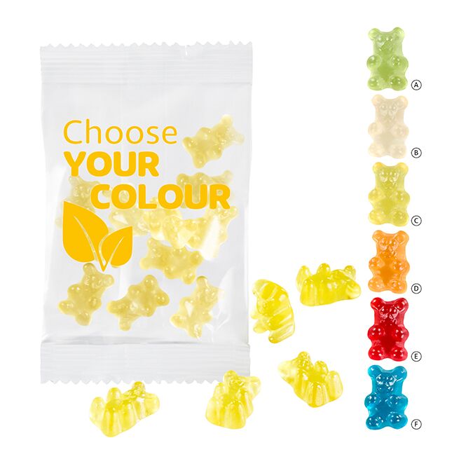 Streuartikel Premium-Bärchen Gummibärchen – yellow – mit Logo bedruckt 15 g für den professionellen Einsatz auf Messen und Firmen-Events