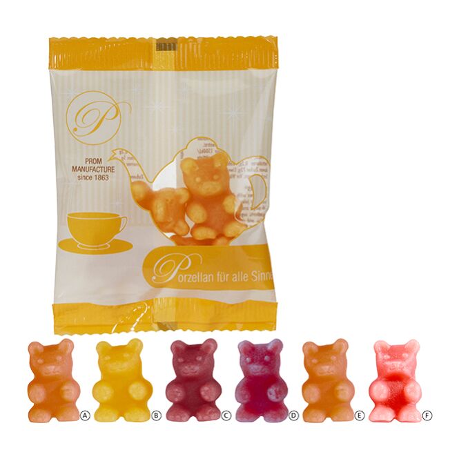 Werbeartikel Tee-Bären® Fruchtgummi – weiss – mit Logo bedruckt 10g für Messen und Events für potenzielle Kunden und als Mitarbeitergeschenk