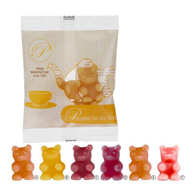 Streuartikel Tee-Bären® Fruchtgummi – transparent – mit Logo bedruckt als hochwertiges Werbegeschenk für Kunden und als Mitarbeitergeschenk