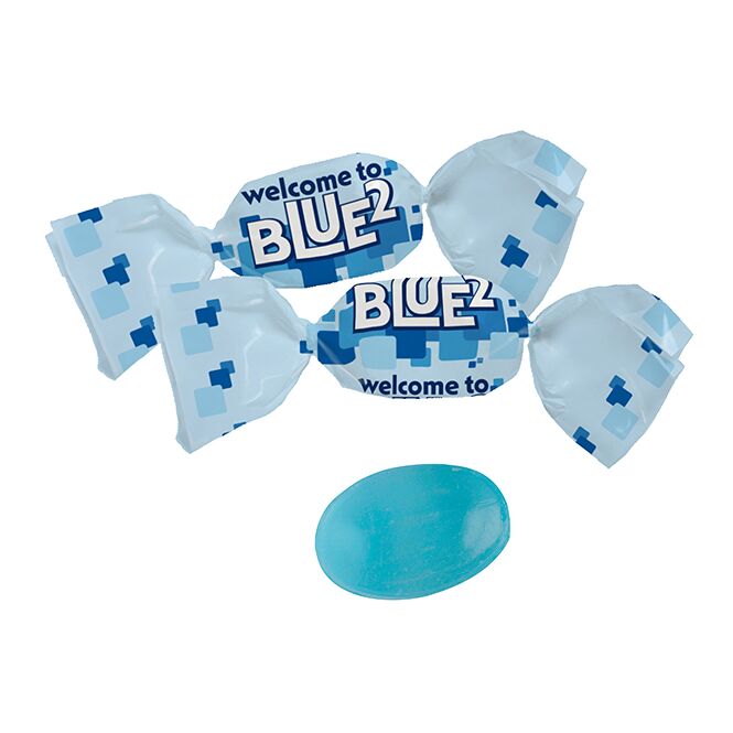 Streuartikel Blaues Bonbon im kompostierbaren Werbewickel – mit logo bedruckt – 500 kg für Messen und Events an Kunden und Mitarbeiter
