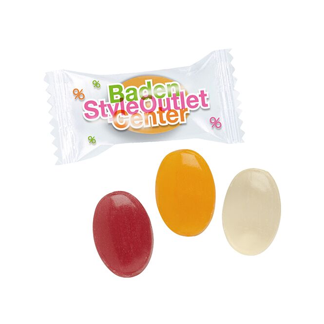 Streuartikel Spezialitäten-Bonbons Flowpack – mit logo bedruckt – inkl. Werbeaufdruck für Messen und Events an potenzielle Geschäftspartner