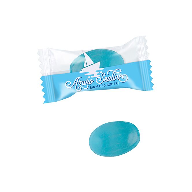 Streuartikel Bonbons im Flowpack – blau – mit Logo bedruckt für Messen und Events als süßes Werbegeschenk für Kunden und Partner