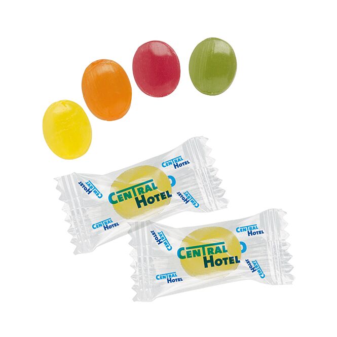 Streuartikel Mini-Bonbons im Flowpack – fruchtig – mit individuellem Etikett für Messen und Events für potenzielle Kunden und Partner