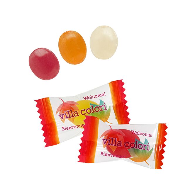 Streuartikel Spezialitäten Mini-Bonbons im Flowpack – mini-bonbons – mit individuellem Etikett für messen und events an potenzielle kunden