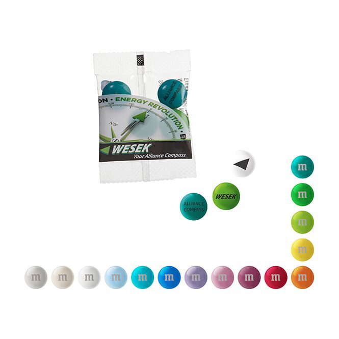 Werbeartikel M&M'S® Schokolinsen Mini Bag – bunt – mit individuellem Etikett 70 Tütchen als süßes Werbegeschenk für Kunden und Partner