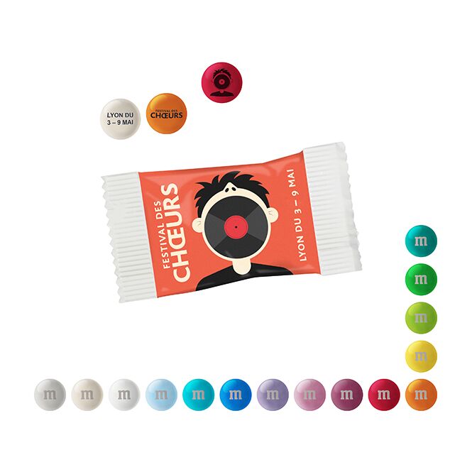 Werbeartikel M&M'S® Schokolinsen im Papiertütchen – schokolade – mit Logo bedruckt 7 g für Messen und Events für Kunden und Mitarbeiter