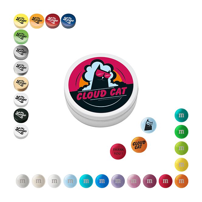 Werbeartikel M&M'S® Schokolinsen in Metallbox – schwarz – mit Logo bedruckt 20 g als hochwertiges Firmengeschenk für Geschäftspartner