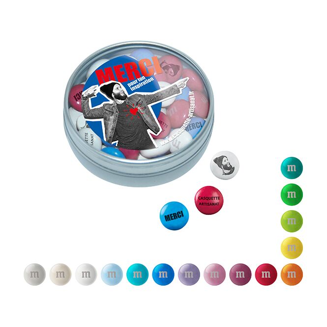 Werbeartikel M&M'S® Schokolinsen in Klarsichtbox – mit individuellem Druck – inkl. Werbeaufdruck für Kunden auf Messen und Firmenevents