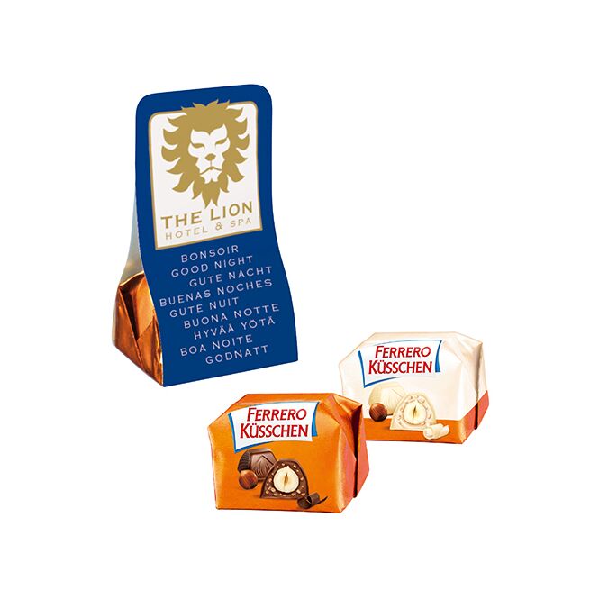 Premium-Werbeartikel Ferrero Küsschen Werbetäschchen – weiss – mit Logo bedruckt 1 Stück als Werbemittel für Messen und Geschäftspartner